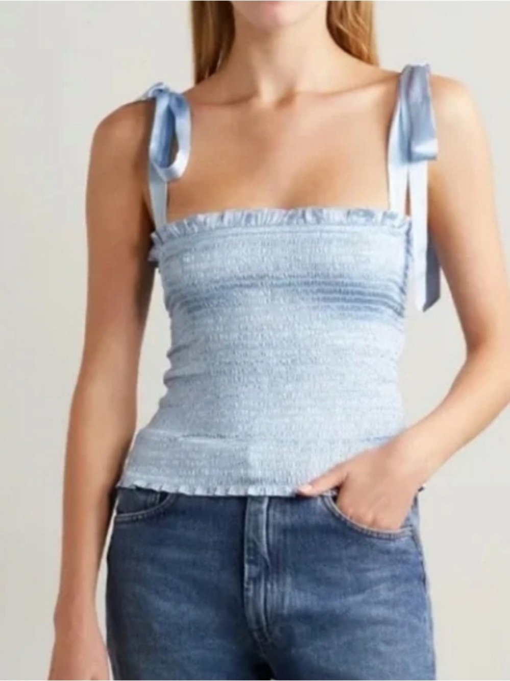 Reformation Silk Pina Smocked Top In Horizon Baby Blue Large